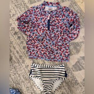 Ruffle Butts Red Floral and Navy Striped Kids Rashguard Set